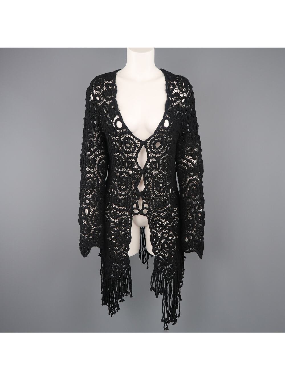 MATSUDA Size M Black Wool Crochet Fringe Cardigan